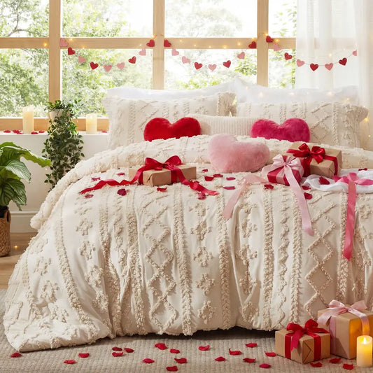 ☁️ Tufted Boho Comforter Set - 3 Piece Shabby Chic Farmhouse Bedding Set
