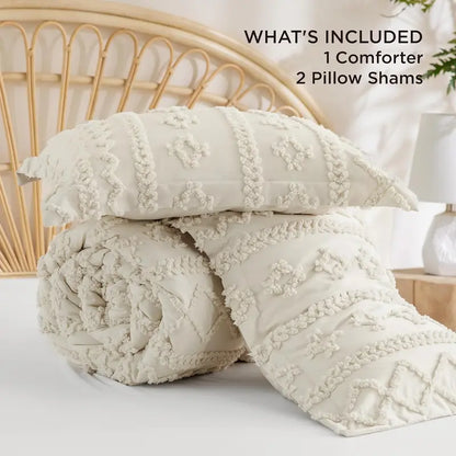☁️ Tufted Boho Comforter Set - 3 Piece Shabby Chic Farmhouse Bedding Set