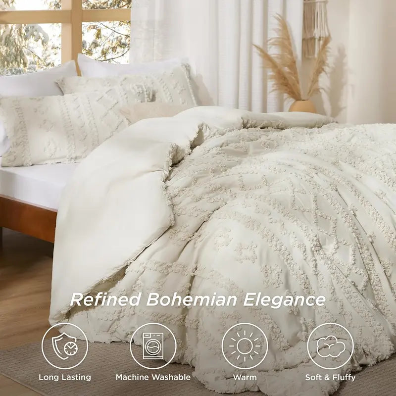 ☁️ Tufted Boho Comforter Set - 3 Piece Shabby Chic Farmhouse Bedding Set