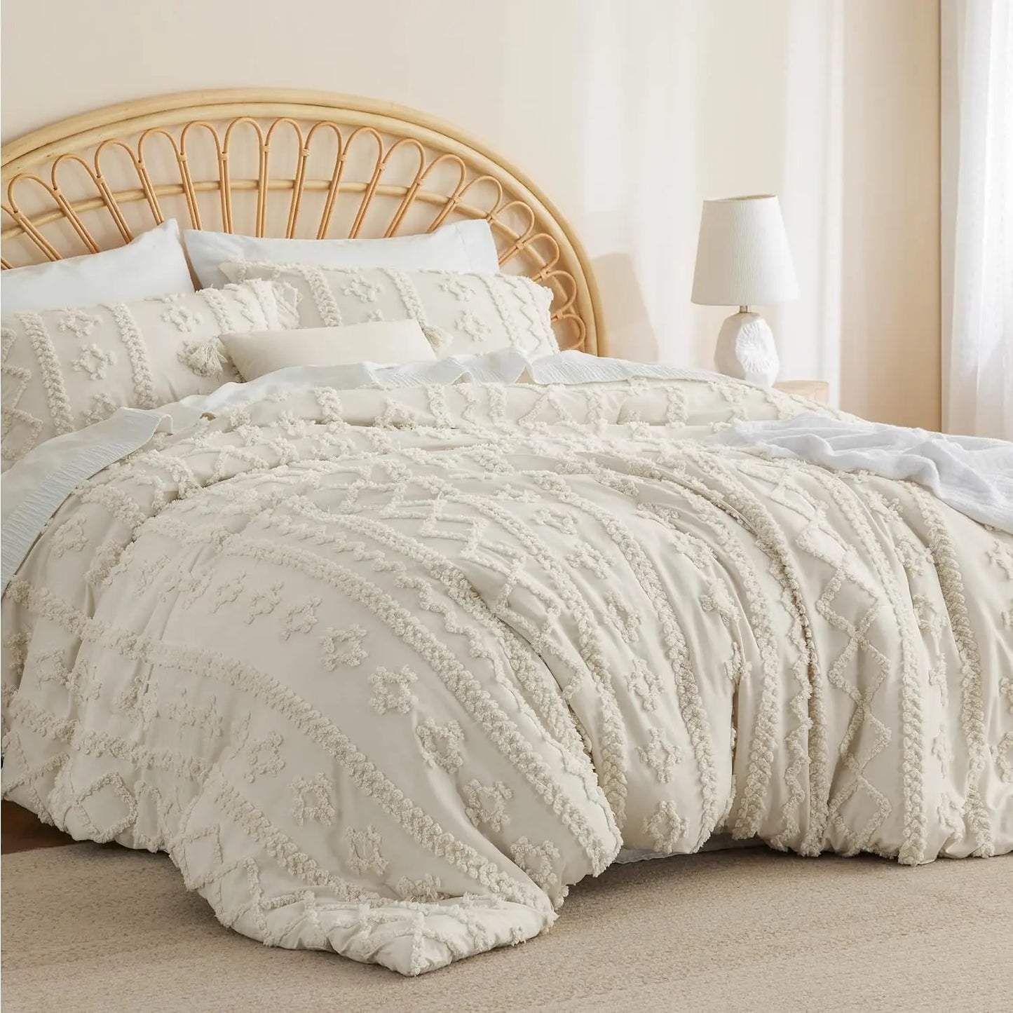 ☁️ Tufted Boho Comforter Set - 3 Piece Shabby Chic Farmhouse Bedding Set